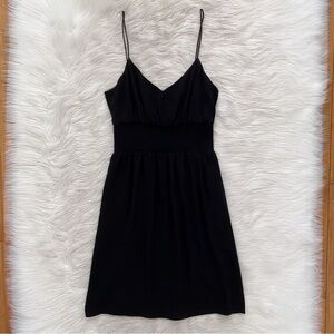 Theory Black Crepe Sleeveless Lightweight V-Neck Smocked Waist Mini Dress